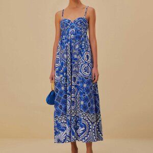 Farm Rio Blue Tile dream Sleeveless Maxi Dress Sz L NWT